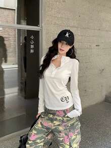 女款美国朋克风格字母印花长袖连帽T恤 - 白色 - 查看 7