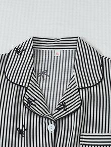 2pcs Comfortable Blue Striped Heart Collar Button Short Sleeve Top With Pocket And Bow Shorts Pajama Set, Suitable For Home Wear, Spring/Summer - Black - View 3