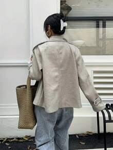 女士休闲通勤翻领双排扣开衫，秋冬 - 灰色 - 查看 6