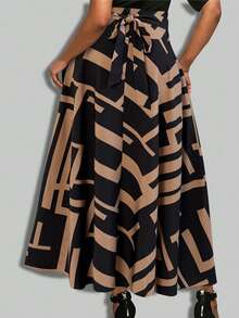 Keke Bloomly 圣诞新款时尚简约几何图案蝴蝶结长裙，束腰百搭女士派对装 - 棕色 - 查看 2