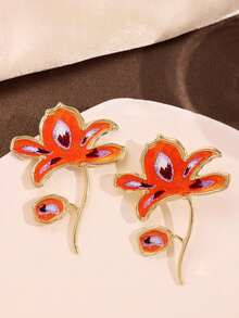1 对超大橙色渐变花朵耳坠，时尚秋冬女士独特珠宝，简约花卉配饰 - 彩色 - 查看 5