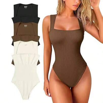 Body liso con cuello cuadrado para mujer, body con tirantes ajustados y elásticos de canalé.