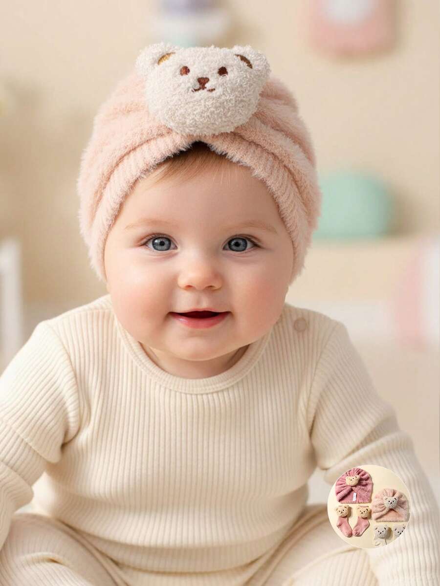 1pc Cute Bear Plush Baby Hat + 1 Pair Cute Anti-Slip Bear Leg Warmers Set, Suitable For Everyday Use - Multicolor - View 1