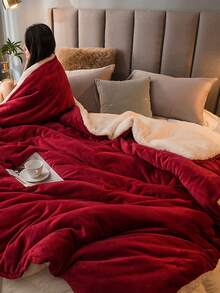 1 pièce Couverture en laine d'agneau douce, légère et confortable en peluche bordeaux. Couverture matelassée de luxe avec fermeture éclair, convient pour la chambre à coucher, la chambre d'amis, le canapé, lavable en machine - Rouge foncé - Voir 8