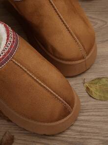 女士毛绒厚底拖鞋，秋冬新款人造保暖内衬套脚坡跟凉鞋，时尚百搭，蓬松拖鞋 - 棕色 - 查看 5