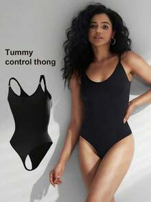 1pc Women Seamless Shaping Bodysuit With Thong Bottom, Slimming Bodyshaper Tummy Control Flat Belly Sheath Jumpsuit Shapewear Waist Trainer Shaper - 黑色 - 查看 1