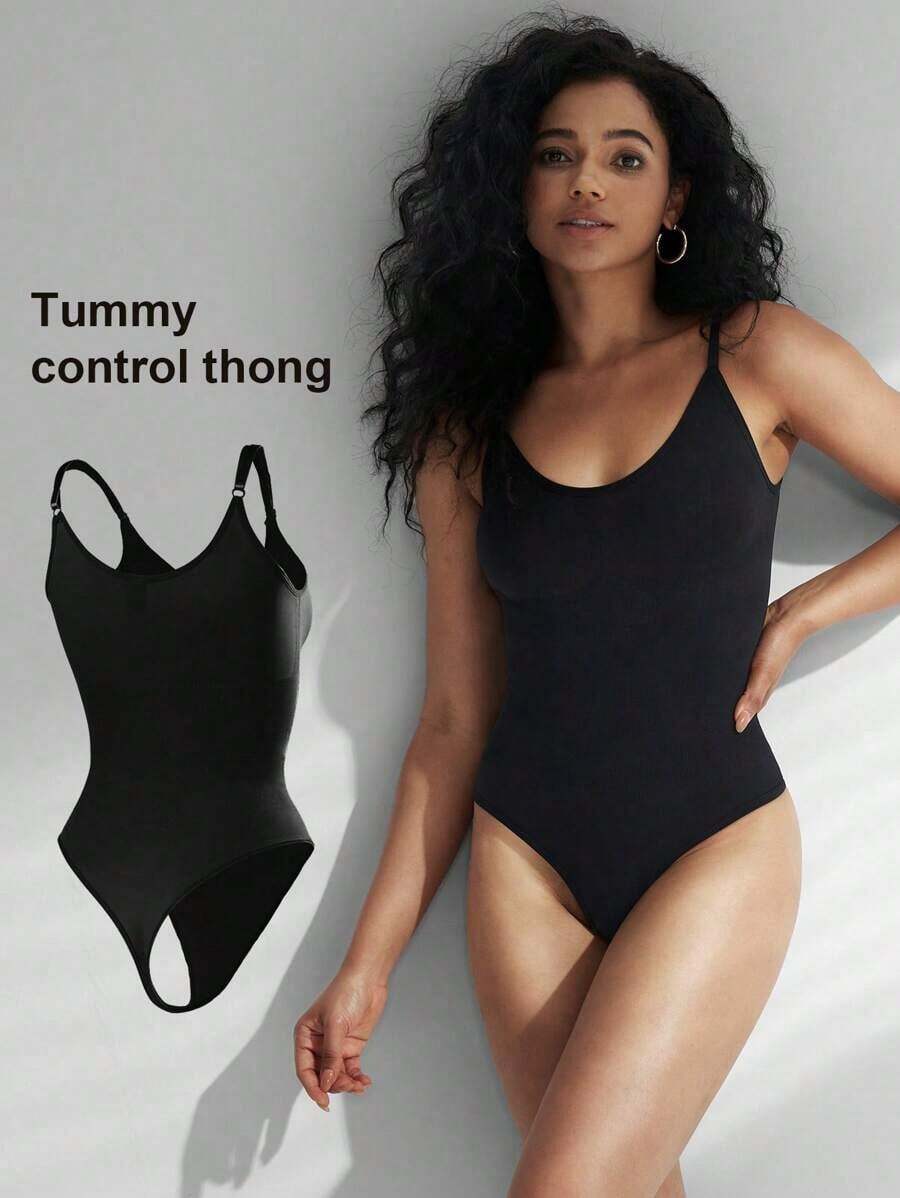 1pc Women Seamless Shaping Bodysuit With Thong Bottom, Slimming Bodyshaper Tummy Control Flat Belly Sheath Jumpsuit Shapewear Waist Trainer Shaper - 黑色 - 查看 1