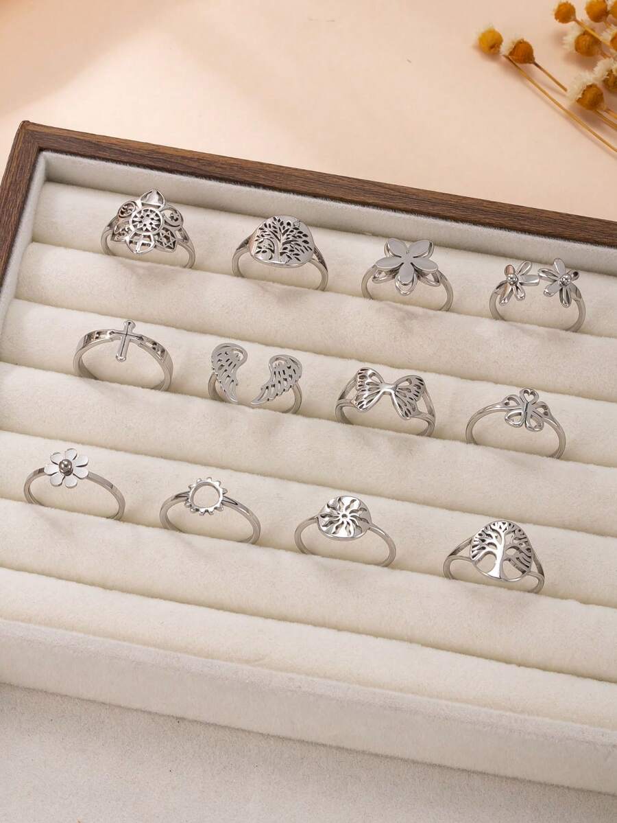 3/6/12pcs Fashionable & Cute Life Tree, Flower, Angel Wing Multi-Element Ring Set, Suitable For Girl's Daily Wear (Random Style, Random Size, No Gift Box)