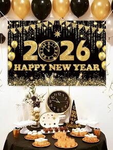 1pc 2026 Happy New Year Party Backdrop, Black & Gold Polyester Background Cloth, 2026 New Year Celebration Party Decor, Home Decor, Room Decor, Wall Hanging Banner, Garden Flag, New Year Hanging Decoration, New Year Gift, 2026 New Year Decoration - New Year Black Gold E - View 4
