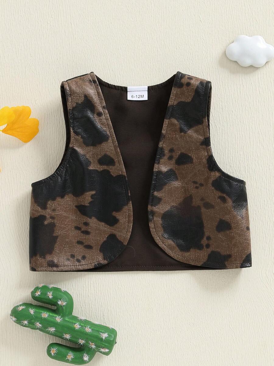 Toddler Baby Boy Girl Cow Print Vest Jacket Vintage Western Cowboy Outfit Cowgirl Vest PU Leather Cowprint Vest Open Front Jacket Sleeveless Waistcoat Cow Print Cardigan Outwear
