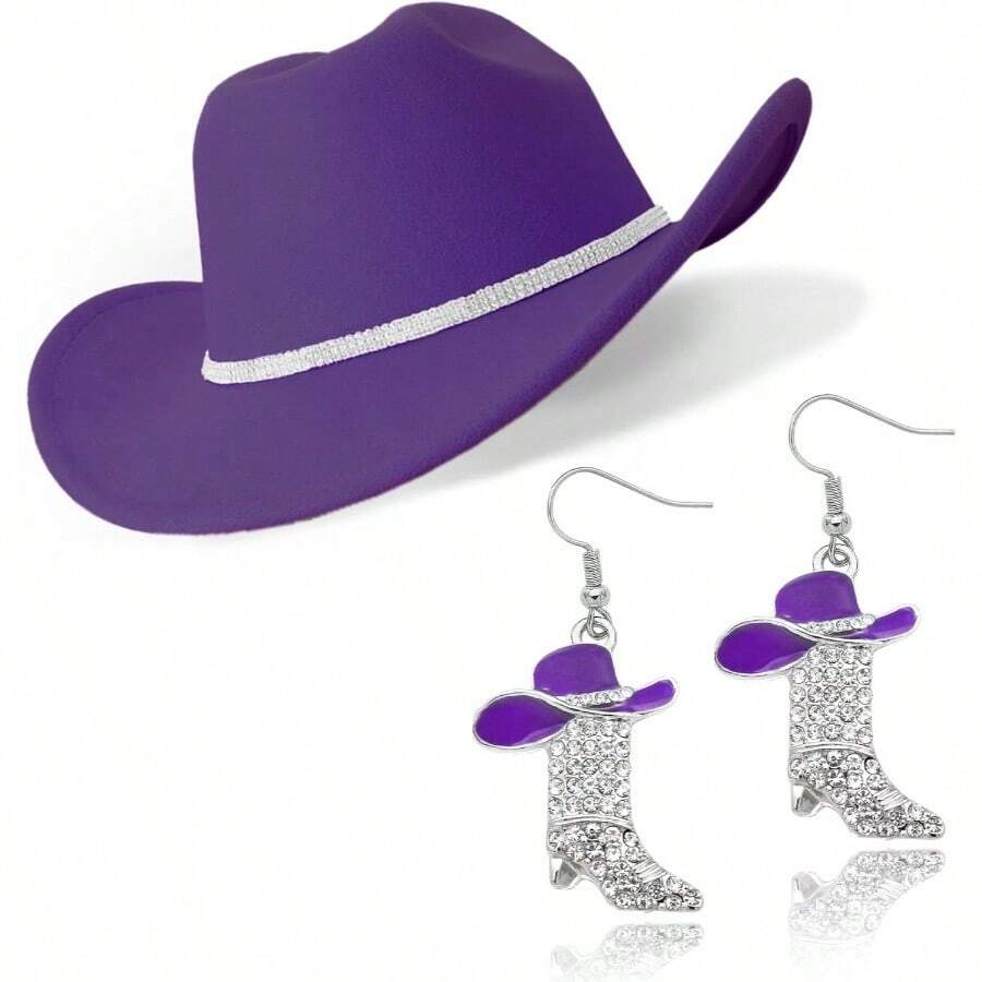 Cowboy Hat Cowgirl Boots Earrings Set Western Earring Felt Fedora Jazz Hat Rodeo Outfit Women Size - Màu tím - Xem 1