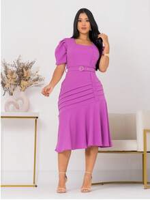 Women's Evangelical Midi Dress With Belt And Button, Secretary , Church Worship Uniform - 中紫紅色 - 查看 6