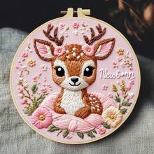1 Piece Embroidery Kit, 20x20cm/7.9x7.9 Inches Pink Deer, Pattern DIY Embroidery Kit, Suitable For Adult Beginners, Including Embroidery Cloth, Instruction Manual, Embroidery Frame And Needle And Thread, Christmas Gift For Friends Or Family, Furniture, Office Handmade Artwork