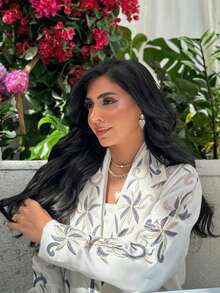 Elegant Embroidered Abaya Cardigan, Dubai Style Women Robe - White - View 5