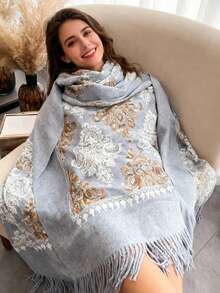 1 Stück Boho-Stil Damen Herbst/Winter Faux Kaschmir bestickter Schal, dicker Quasten bestickter Halswärmer, Reise Poncho