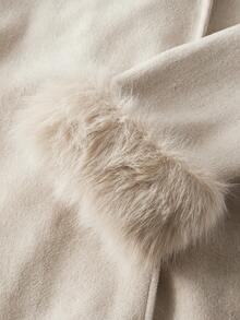 Romantic, Elegant, Minimalist Casual Fashion Commuter Long Sleeve Warm Coat, Solid Color Faux Fur Trim, Women Overcoat For Holiday, Evening Date, Office, Vacation, Autumn/Winter - Khaki - View 9