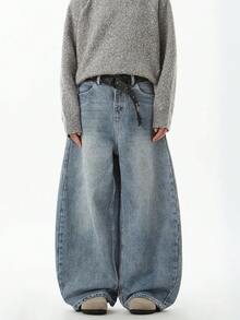 1条装休闲宽松情侣阔腿牛仔裤，百搭街头风格 - 淺藍色 - 查看 2