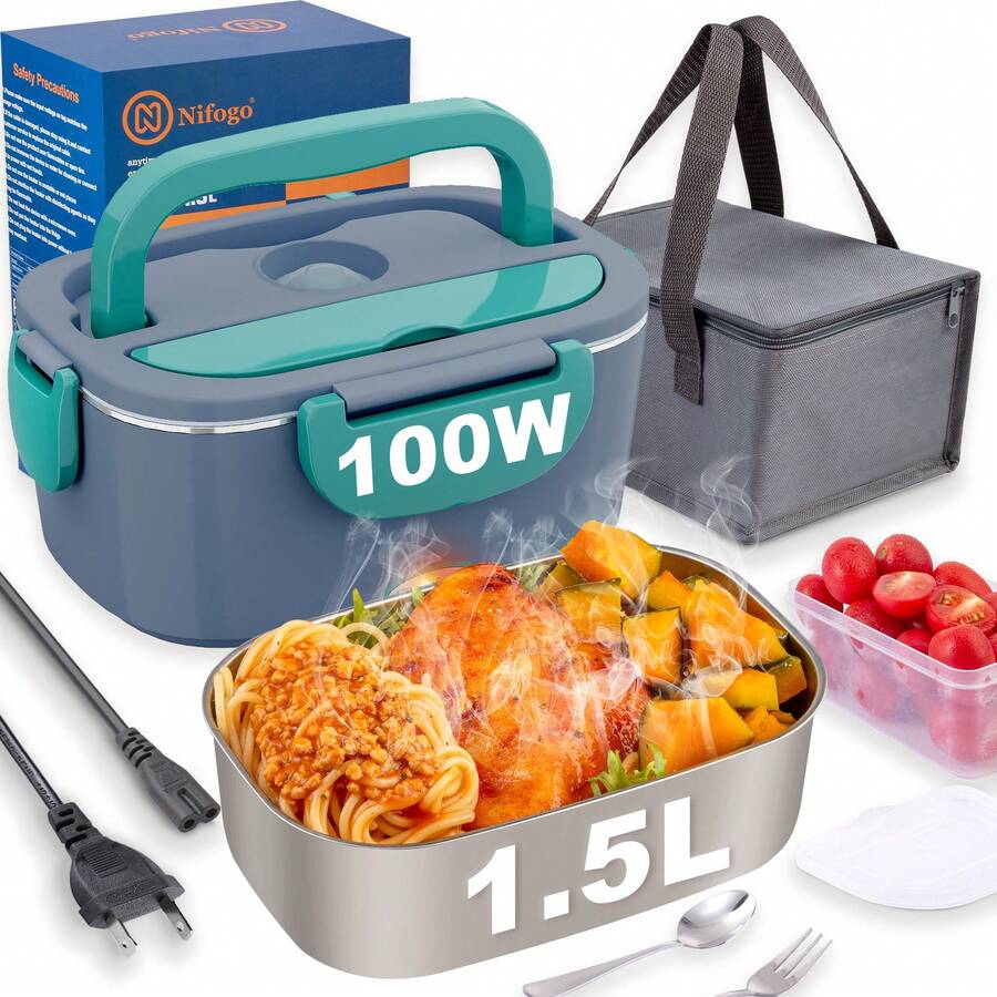 100W Electric Lunch Box Food Heater, Food Warmer For Car Truck Office, 1.5L Stainless Steel Self-Heated Lunchbox For Adult, Portable Heating Box With Adapters Fork Spoon Insulated Bag - 查看 1