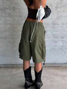 Women Y2k Drawstring Cargo Shorts Baggy Denim Shorts Summer Fashionable Wide Leg Knee Length Jean Shorts With Pocket Streetwear - xanh quân đội - Xem 2