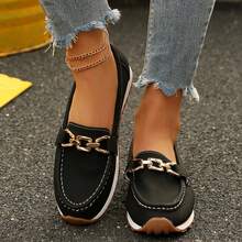 Casual Comfortable Women Loafers Lightweight Slip On Low Top Round Toe Fashion Chain Decorated Shoes - 黑色 - 查看 6