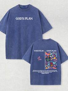 230g Double-Sided Water Wash, Your Plan Is God's Plan Printed T-Shirt, High-Quality Wax Printed Cotton Retro Fashion Brand T-Shirt, Men's T-Shirt, Beach Essential, Summer T-Shirt, Holiday Gift, Perfect Gift - 寶藍色 - 查看 1
