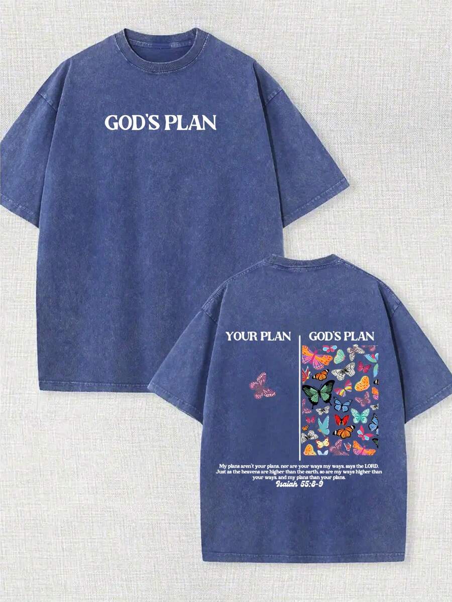 230g Double-Sided Water Wash, Your Plan Is God's Plan Printed T-Shirt, High-Quality Wax Printed Cotton Retro Fashion Brand T-Shirt, Men's T-Shirt, Beach Essential, Summer T-Shirt, Holiday Gift, Perfect Gift - 寶藍色 - 查看 1