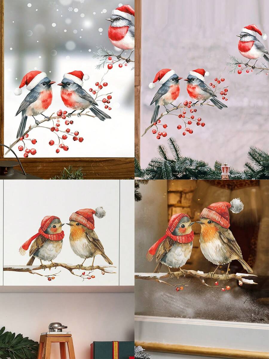1 PIEZA Pegatinas de ventana con pájaros de estilo art decó navideños, calcomanías de ramas de bayas rojas para vidrio, pegatinas decorativas de plástico autoadhesivas, decoración festiva para el hogar, motivos de pájaros con gorro de Papá Noel de un solo uso, decoraciones navideñas para habitación, decoración de pared, pegatinas de pared, pegatinas de pared decoraciones navideñas para el hogar