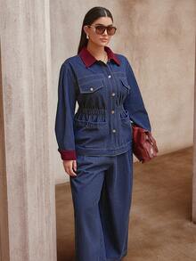 Sollinarry 2 st plus size kvinnor denim kontrastfärgad knapp framtill i midjan med fickdekor, jacka, topp och byxor, höst/vinter - Denimblå - Visa 4