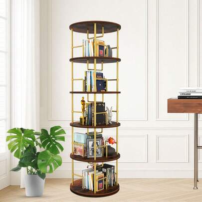 5 Tier Rotating Bookshelf, 360 °   Display Round Spinning Bookshelf, Wood & Metal Stackable Spinning Bookshelf Tower, Space Saving Floor Standing Swivel Bookcase For Bedroom, Living Room, Office, Gold