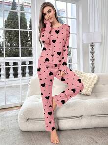 女士休闲爱心印花圆领长袖上衣和裤子睡衣套装，秋冬服装 - 粉色 - 查看 5