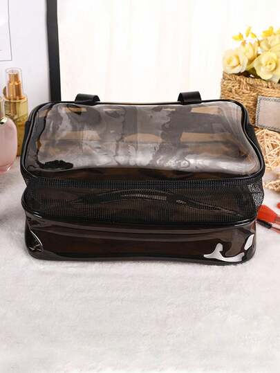 1个透明PVC化妆旅行包，手持化妆品收纳袋，沙滩包，旅行必备洗漱包，透明礼品配件拉链袋，适用于美甲、化妆品