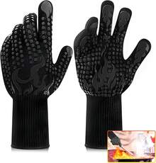 Guantes de Barbacoa, Guantes para Horno Hasta 800 ° C/1472 ° F, Aislamiento Térmico Manoplas de Silicona, Guantes BBQ Antideslizante, Guantes de Cocina para Parrilla, Hornear, Microondas y Chimenea(Negro) - Negro - Ver 8