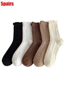 5 Pairs Women's Solid Color Braided Fashion Casual Versatile Mid-Calf Lace Socks, Fall Socks