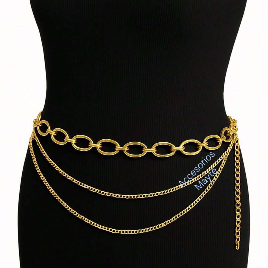 Oval Chain Belt With Two Chains - Gold - View 1