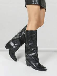 Women's Autumn/Winter New Ankle Boots, Women's Retro Casual Pleated Low Heel Long Boots, Commuting Street Style Versatile Boots, Knee-High Boots, Fall, Fashionable Item To Pair With Skirts, Leather Pants, Coats