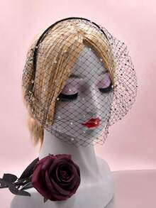 1 pièce Bandeau de voile de cage à oiseaux en maille vintage élégant et minimaliste européen, accessoire de costume pour cérémonie de mariage nuptial, fête masquée, tenue d'automne pour femmes - Noir - Voir 11