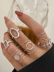 11pcs/Set Geometric Leaf Knuckle Rings, Creative Minimalist Design Joint Rings For Women - Silver - View 6