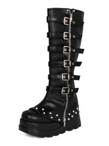 Gothic Womens Knee High Boots For Women Punk Rivets Platform Thick Heel Boots Y2K Round Metallic Zipper Buckle Knee High Boots For Cosplay - Black - View 8