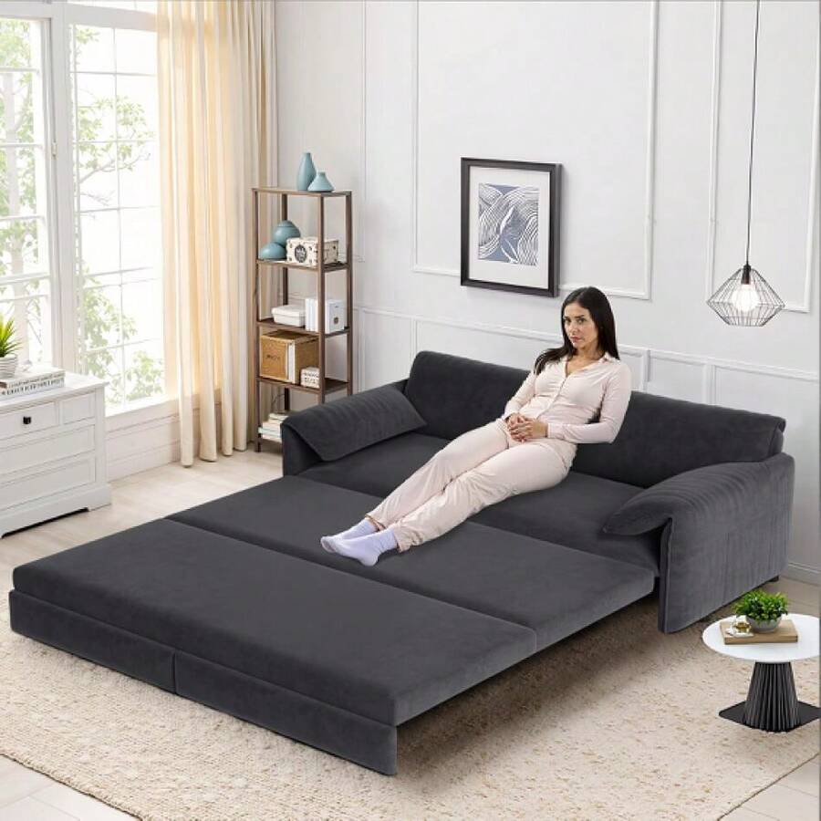 66 Inch Queen Size Sleeper Sofa Bed, 3 In 1 Convertible Pull Out Couch Velvet Loveseat Sofa Couch Bed With Side Pockets For Apartment, Bedroom, Living Room, Dark Gray,20014016 - 藍色 - 查看 1