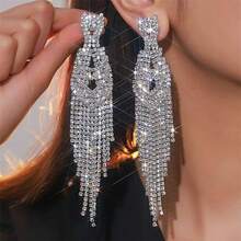 1 Pair Gorgeous Sparkling Crystal Tassel Drop Earrings, Suitable For Women's Festivals, Parties And Daily Wear