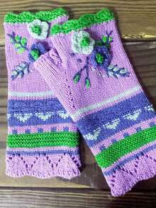 Luvas femininas de tricô bordado com gancho pequeno e flor quente, luvas de fio jacquard feitas à mão