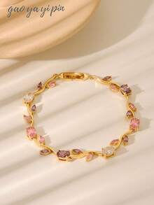 1pc High Quality Shiny Zirconia Tennis Bracelet With Unique Leaf Design, Electroplated Non-Fading, Fashionable Accessory For Women, Suitable For Daily Wear, Festivals, Bridal, Mother's Day, Christmas Gift