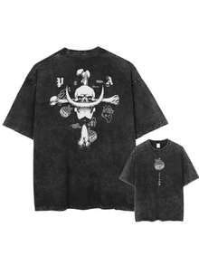 Anime One Piece  Washed T-Shirt Men's Printed Cotton T-Shirt Short-Sleeved T-Shirt Oversized Top Fashion Street Wear Unisex - 黑色 - 查看 1