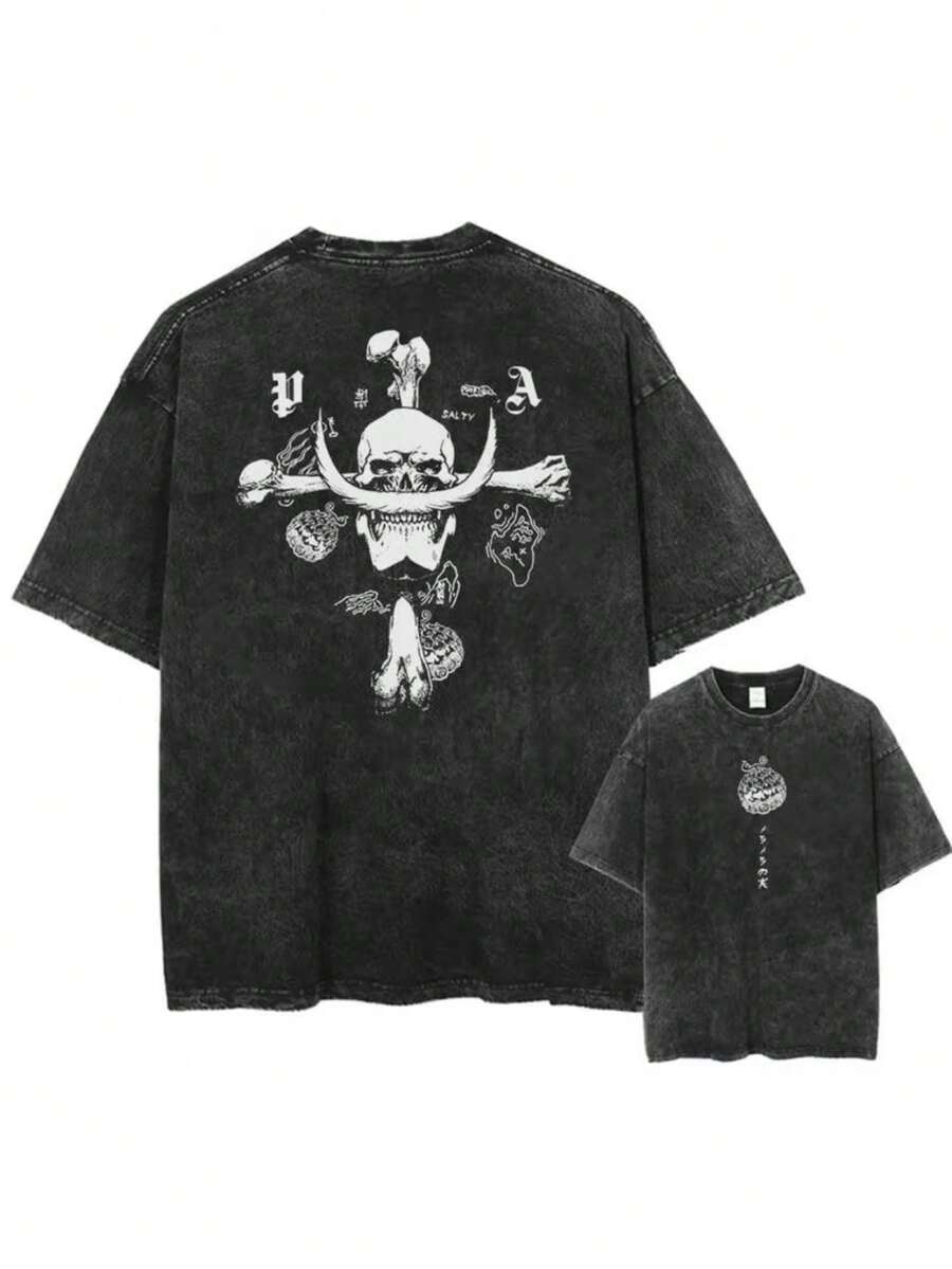 Anime One Piece  Washed T-Shirt Men's Printed Cotton T-Shirt Short-Sleeved T-Shirt Oversized Top Fashion Street Wear Unisex - 黑色 - 查看 1