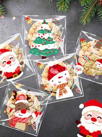 100个可爱圣诞老人拉链面包袋，适用于烘焙切片面包包装、学校用品食品袋、食品盒，适用于糖果、饼干等圣诞节圣诞装饰品圣诞睡衣圣诞礼物圣诞装饰