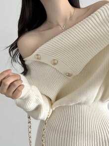 简约露肩紧身针织连衣裙，韩式风格 - 杏色 - 查看 3