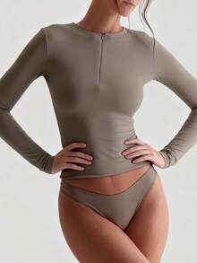 XLLAIS Women's Fashionable Zip Collar Solid Color Tight Fit T-Shirt, Stretchy Long Sleeve Casual Sports Top - Brown - View 7