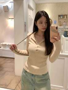 纽扣细节休闲蕾丝荷叶边二合一磨毛T恤上衣 - 杏色 - 查看 2