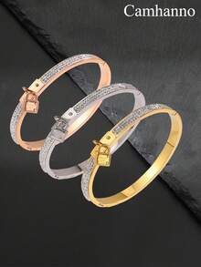 1PC Fashionable Retro Stainless Steel Mud Diamond Padlock Bracelet Suitable For Women's Daily Or Special Occasions, Casual, Party, Valentine's Day, Christmas Gifts - Yellow Gold - View 1