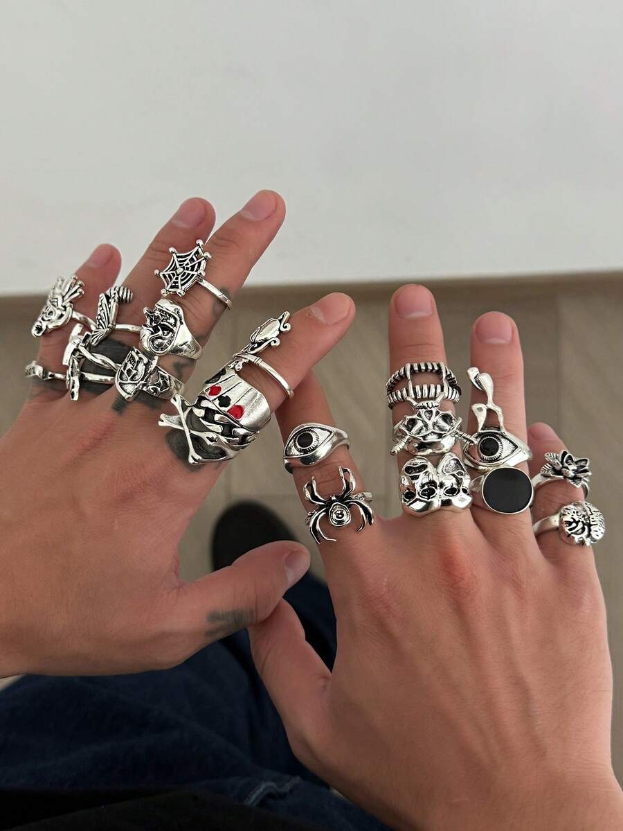 21 件朋克风格骷髅和字母设计戒指套装，男士休闲日常佩戴 - 復古銀色 - 查看 1